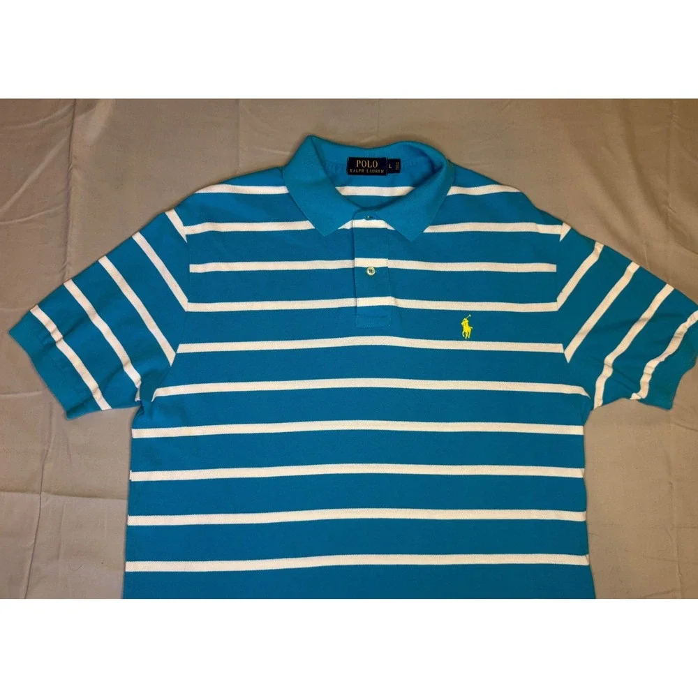 Polo Ralph Lauren Mens Large Turquoise Blue White Striped Short Sleeve Shirt